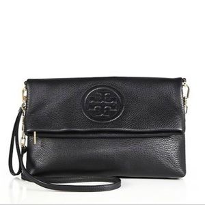 Tory Burch Bombe Foldover Clutch Purse Crossbody Black Leather